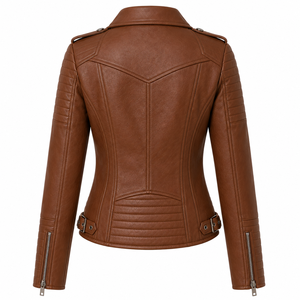 Veste moto en cuir véritable pour femme de haute qualité, marron, manches longues, fermeture éclair, col ouvert, style automne - Product Image 2