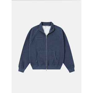Veste coupe-vent unisexe bleu marine à capuche, col montant, fermeture éclair sur le devant, vêtement d'extérieur décontracté en polaire tricotée, coupe régulière, couleur unie - Product Image 3