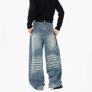 Jeans de mezclilla para hombre, de corte recto, lavado a la piedra, tiro medio, ajuste holgado, transpirables, lisos, con bordado ODM y patchwork, estilo streetwear, de algodón - Product Image 6
