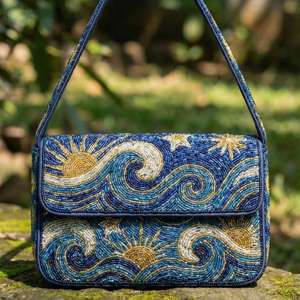 Light Blue White and <b>Green</b> Coastal Beaded Handbag Sea Turtle & Starfish Under the Sea Shoulder Bag Beach Theme <b>Purse</b> - Product Image 6