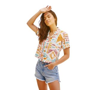 Blusa estampada con botones para mujer, camisa de verano de manga corta, ropa informal para vacaciones - Product Image 1