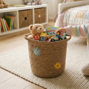 Sustainable Natural Seagrass Kids <b>Storage</b> Basket Flower Embroidery Woven Toy Organizer Handmade Nursery Basket Wholesale Bulk - Product Image 2