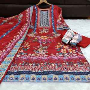 Traje de muselina de 3 piezas listo para usar con estampados florales vibrantes, conjunto de salwar con dupatta, kurta Anarkali, conjunto de pantalón con dupatta, vestido largo. - Product Image 2