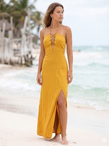 Robe longue jaune à bretelles croisées, coupe fourreau fendue, taille haute, sans manches, en rayonne tissée de couleur unie, style décontracté pour les vacances d'été - Product Image 3