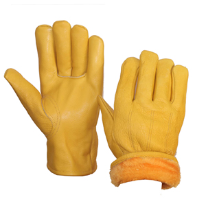 Gants en cuir jaunes avec doublure en fausse fourrure, thermiques, pour usage extérieur en hiver, longueur poignet, style uni - Product Image 1