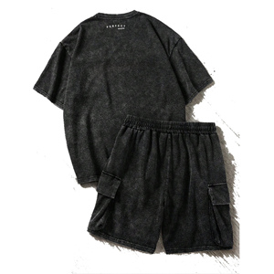 Ensemble T-shirt et short délavé à l'acide pour homme – Ensemble décontracté 2 pièces vintage à manches longues pour homme, idéal été-automne - Product Image 4