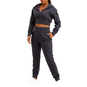 Custom <b>Black</b> 2 Piece Women's Tracksuit Set Zip Front Cropped Hoodie and Sweatpants Women's 2 Piece Cropped Tracksuit - Product Image 1