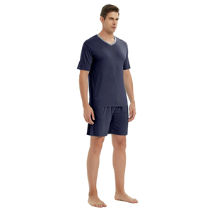 Ensemble T-shirt et short pour homme de qualité supérieure, bleu ciel, surdimensionné, col en V, design personnalisé, couleur unie, été, écologique - Product Image 4