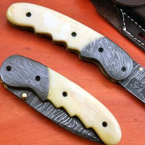 Couteau de poche en acier Damas, lame à pointe tombante, manche en ivoire, bouton de réglage du pouce, couteau pliant pour le camping en plein air - Product Image 6