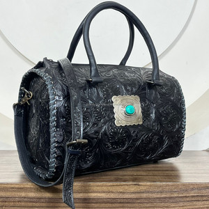 Sac de voyage Western Speedy en cuir véritable noir fait à la main en gros avec concho turquoise, sacs de voyage de luxe pour le week-end et la nuit - Product Image 5