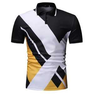 Black <b>White</b> Yellow Geometric Print Short Sleeve <b>Polo</b> Shirt Slim Fit Casual Woven Polyester Breathable Design - Product Image 1