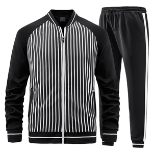 Ensemble de survêtement 2 pièces pour homme, rayé noir et blanc, veste zippée à col rabattu, manches longues, pantalon de survêtement à cordon de serrage, décontracté - Product Image 3