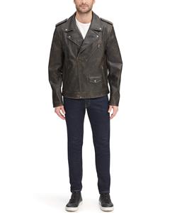 <b>Men's</b> Black Solid Color Genuine <b>Leather</b> Moto <b>Jacket</b> Slim Fit Zipper Closure Turn-down Collar Autumn Style Available For Sale - Product Image 1