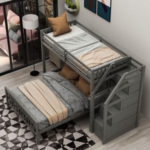 Letto a soppalco grigio con letto singolo sopra e letto matrimoniale, con scala, mobili per bambini - Product Image 5
