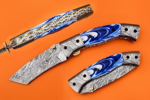 Cuchillo Plegable de Bolsillo Personalizado con Hoja Recta y Punta Caída de Damasco, Funda de Cuero, para Supervivencia al Aire Libre, Camping y Caza, Venta al por Mayor - Product Image 2