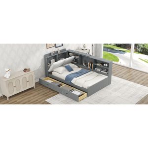 Letto a piattaforma in legno grigio, misura twin, con testiera contenitore, ripiani e 2 cassetti - Product Image 6