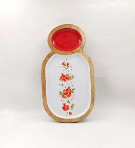 Assiette de service en bois avec motif floral, insert vert, design bohème rond, peinte à la main, passe au lave-vaisselle, plat décoratif - Product Image 2