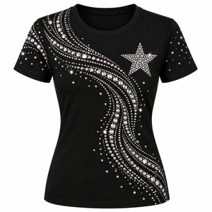 T-shirt blanc à manches courtes pour femme, orné de strass et de cristaux, coupe ajustée, décontracté, tendance, personnalisable, séchage rapide, respirant - Product Image 4
