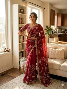 Premium Designer Saree Collection Soft Chiffon Sequance Zari Embroidery Work Stretchable <b>Ankle</b>-Length Party Diwali Wrinkle-Free - Product Image 2