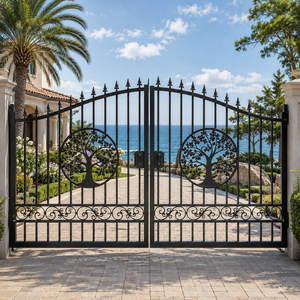 Portail double battant en fer forgé noir avec motif arbre pour entrée de villa, jardin, sécurité, portail métallique - Product Image 4