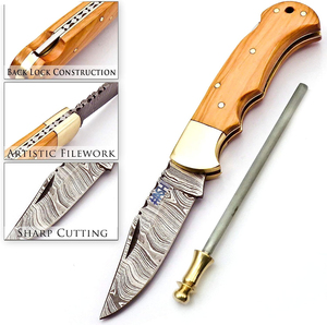 Damascus Handmade Pocket <b>Knife</b> for Men Folding <b>Knife</b> with Back Lock & <b>Sharpening</b> Rod Pocket <b>Knife</b> for Camping Wooden Handle - Product Image 2