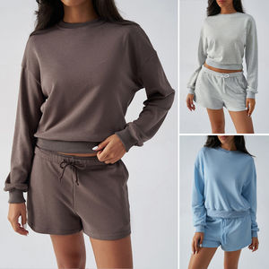 Femmes 2025 décontracté automne Jogging costume à manches longues pour salon ensemble avec au-dessus du genou Shorts solide motif correspondant tenues - Product Image 6