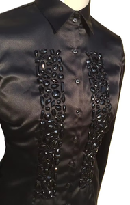 black <b>Satin</b> Button-Down <b>Blouse</b> with Crystal-Style Buttons - Product Image 4