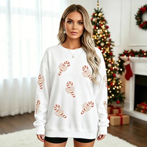 Sweat-shirt rouge surdimensionné à col rond, imprimé pailleté canne à sucre, pull tricoté unisexe, vêtement décontracté d'hiver - Product Image 4