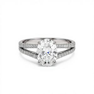 Anillo de Compromiso y Boda de Plata de Ley 925 con Diamante Cultivado en Laboratorio de Corte Ovalado de 2 Quilates y Oro Sólido de 14K con Vástago Dividido - Product Image 1