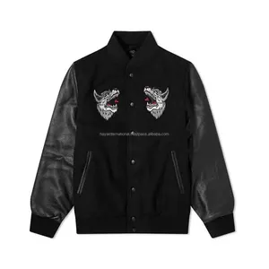 Wool with Leather Sleeves HIVJ157 Black Wolf Embroidery Varsity Jacket