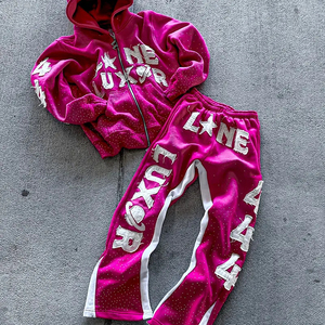 2026 Trending Custom Oversized Sweat suits Rhinestone High Quality Zipper Hoodie and Baggy <b>Sweatpants</b> <b>Set</b> Patch Embroidery Work - Product Image 2