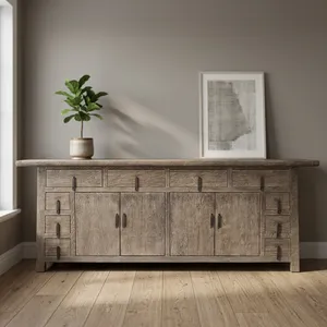 Reclaimed Elm Sideboard Ten Drawer Rustic Wooden Storage <b>Cabinet</b> Four Door Farmhouse Buffet Pale <b>Grey</b> Vintage Dining Furniture - Product Image 4