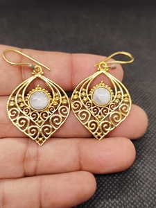 Export Brass Gemstone Drop <b>Earrings</b> Bulk Handcrafted Gold Plated Finish Moonstone Pattern Bezel - Product Image 1
