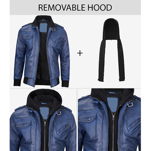 Veste à capuche en cuir de vache bleu pour homme, style motard, fermeture éclair, poches avant, coupe régulière, décontractée, imperméable, tendance OEM - Product Image 6