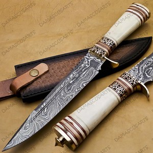 Cuchillo de caza DIY OEM de acero de Damasco con mango de hueso y latón, hoja fija dentada, alta durabilidad para exteriores - Product Image 3