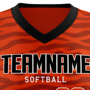 Maillot de softball sans manches à sublimation intégrale, imprimé animalier orange et noir, uniforme d'équipe personnalisé avec numéro au dos - Product Image 5
