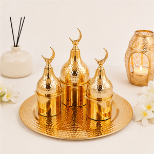Ensemble de plateaux de service Ramadan en or martelé avec couvercle en forme de minaret et de croissant de lune, vaisselle décorative B2B pour l'Aïd Moubarak, porte-dattes - Product Image 5