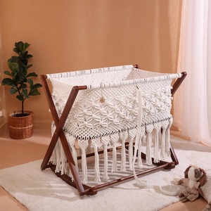 Boho macrame baby cradle with wooden stand handmade cotton rope bassinet <b>swing</b> crib nursery decor foldable frame - Product Image 1