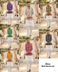 Conjunto tradicional indio de Koti, Pajama y Kurta en satén Malai con estampado digital para ocasiones festivas y bodas para hombres. - Product Image 2