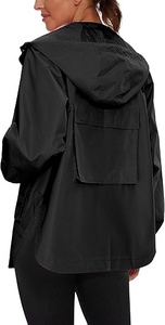Chaqueta Cortavientos con Capucha para Mujer, Manga Larga, Cierre de Cremallera, Impermeable, Informal, Color Negro Sólido, Largo Regular - Product Image 4