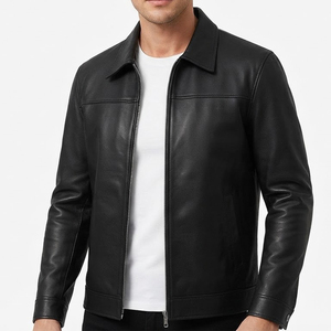 Nouvelle veste moto homme en cuir véritable très demandée, col rabattable, fermeture éclair avant, noir uni, coupe ajustée, vêtement d'extérieur décontracté pour l'automne - Product Image 1