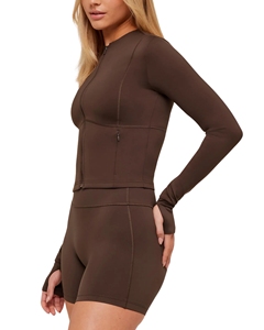 Veste de yoga légère et respirante pour femme, entièrement zippée, col montant, avec trous pour les pouces, coupe ajustée, en Spandex/Nylon, veste de course avant zippée - Product Image 2