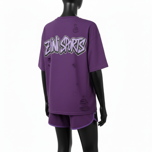 Conjunto de camiseta y pantalones cortos para mujer, jersey de algodón premium de 200 GSM, suave, morado, con paneles laterales en contraste, logotipo personalizado, conjuntos para mujer - Product Image 5