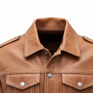 Men Vintage Tan Leather Jacket Western Style Denim Cut Real Leather <b>Coat</b> Custom Manufacturer - Product Image 5