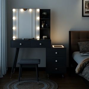 Solid Wood <b>Makeup</b> Vanities 5 Drawers 2 Layer Shelf <b>Mirror</b> Case Pitted Particle Board Triamine Coating Copper Sheath Decoration - Product Image 2