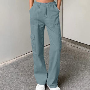 Ladies Stylish Custom <b>Summer</b> Cargo <b>Pants</b> Washed Mid Flat Front Elastic Waist Breathable Polyester/Cotton Baggy Pockets - Product Image 2