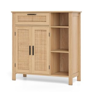 Credenza in Rattan Naturale con Cassetto Estraibile e 3 Ripiani Aperti Regolabili, Mobile con Ripiano a 3 Posizioni - Product Image 4