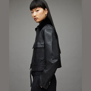 Blouson court en cuir véritable tendance pour l'hiver, chauffant, imperméable, à manches longues, pour femme, style motard, avec fermeture éclair - Product Image 1