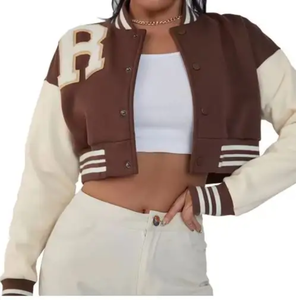 Brown And Cream Varsity Jacket With Letter B Logo Preppy Style Autumn Wear Regular Fit Button Closure For Women - Product Image 1