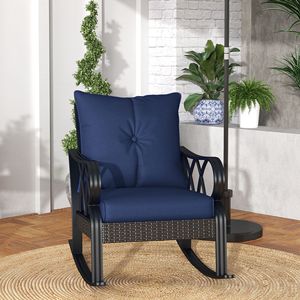 Sedia a dondolo nautica con cuscini blu in vimini e rattan per esterni, ideale per il relax in veranda - Product Image 2